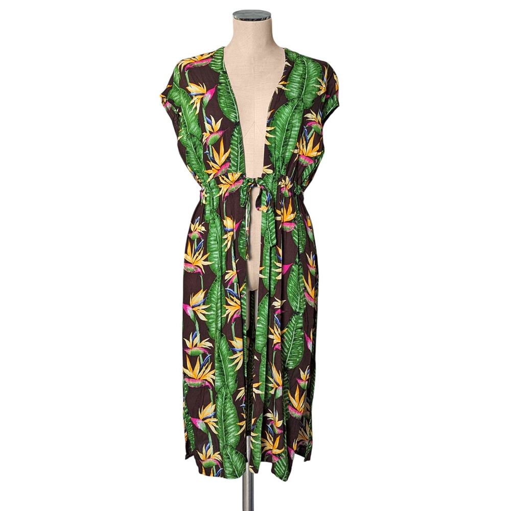 HULA BAY Brown Tropical Swim CoverUp Kimono Long Vest Summer Top Small